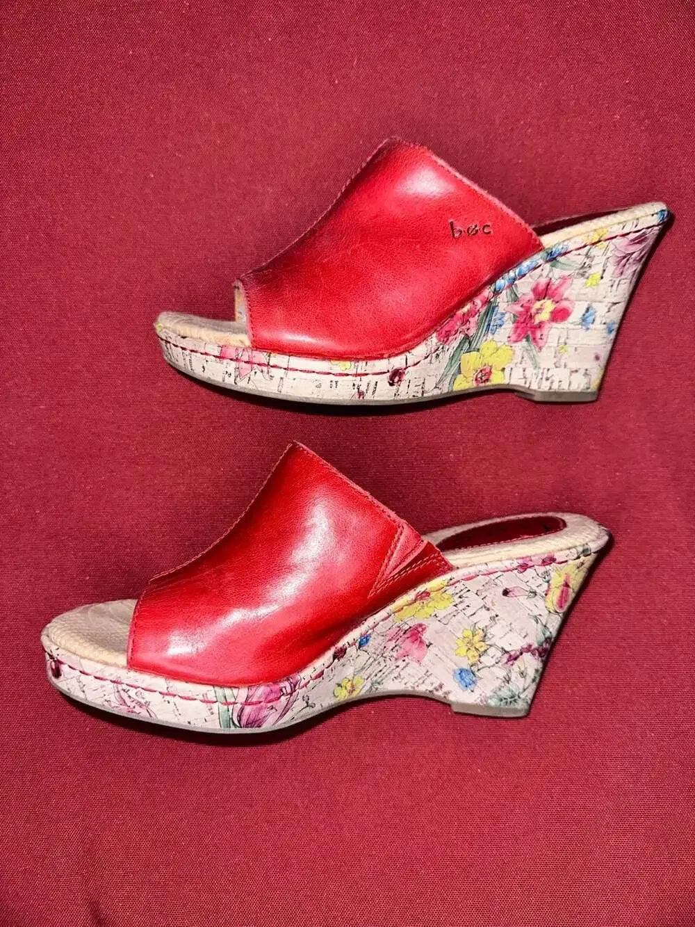 No.53 B.O.C Red Leather Floral Cork Platform Wedge Sandals